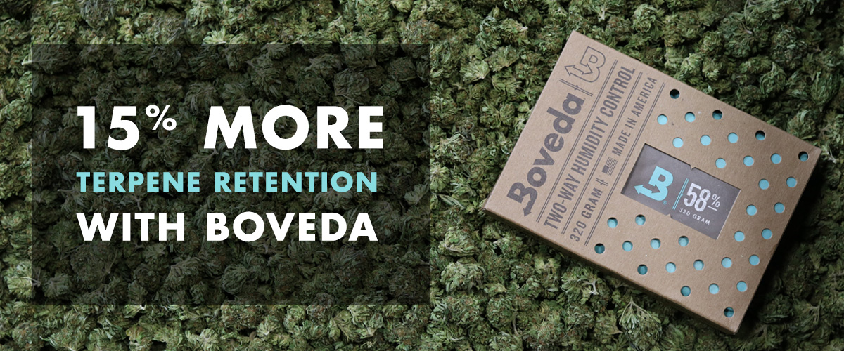 #savetheterps Photo showing post-cure cannabis stored with Boveda Size 320 for up to 5 pounds of flower. Enjoy 15% more terpenes when you store cannabis with Boveda, the original terpene shield. 