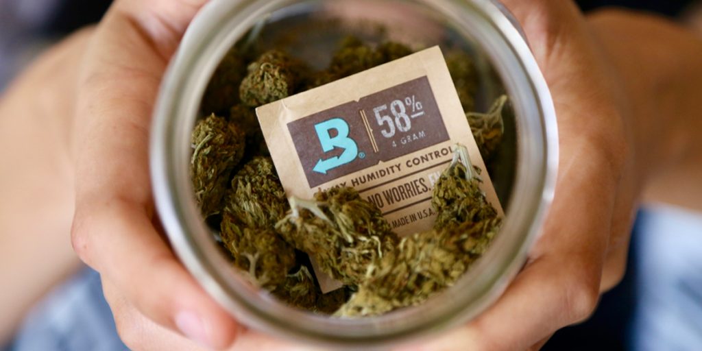 Boveda in a glass jar with cannabis.