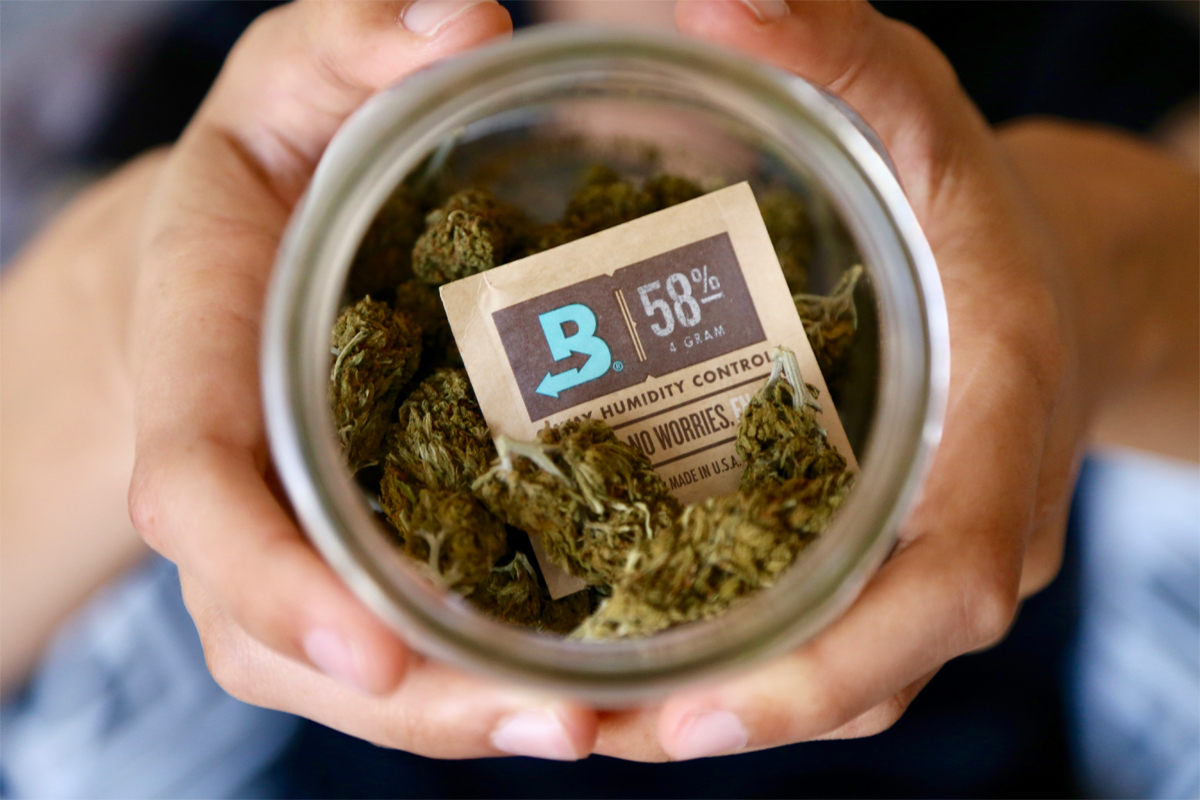 Boveda in a jar with cannabis flower. In just 3 days, Boveda can bring the air inside a cannabis container or package up to the right RH. Boveda’s goal is to make your flower’s RH level equal its own— 58% or 62% RH