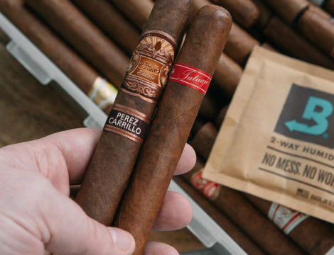 Hand holding cigars and a Boveda pack.