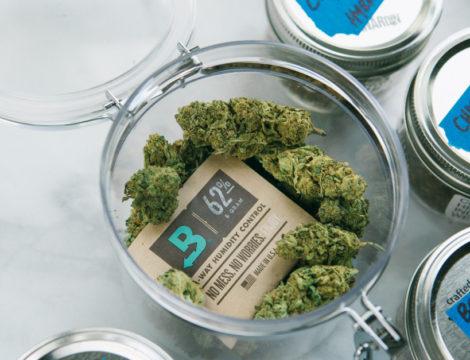 Cannabis flower in a container protected by Boveda.