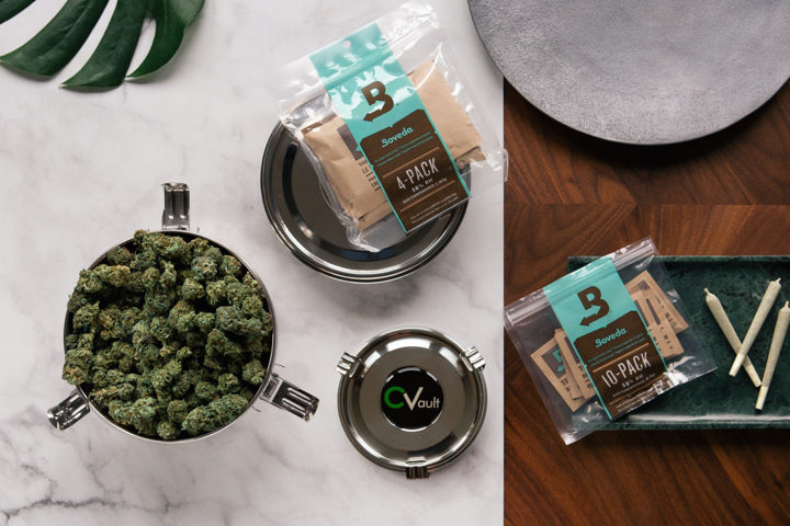 Boveda home grow kit in use with cannabis flower and pre rolls.