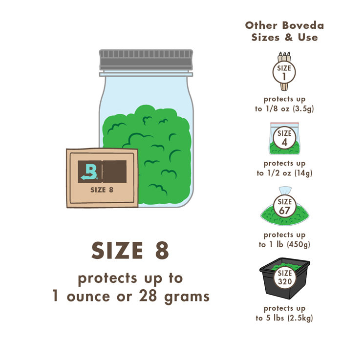 Illustration that describes which size Boveda pack to use.