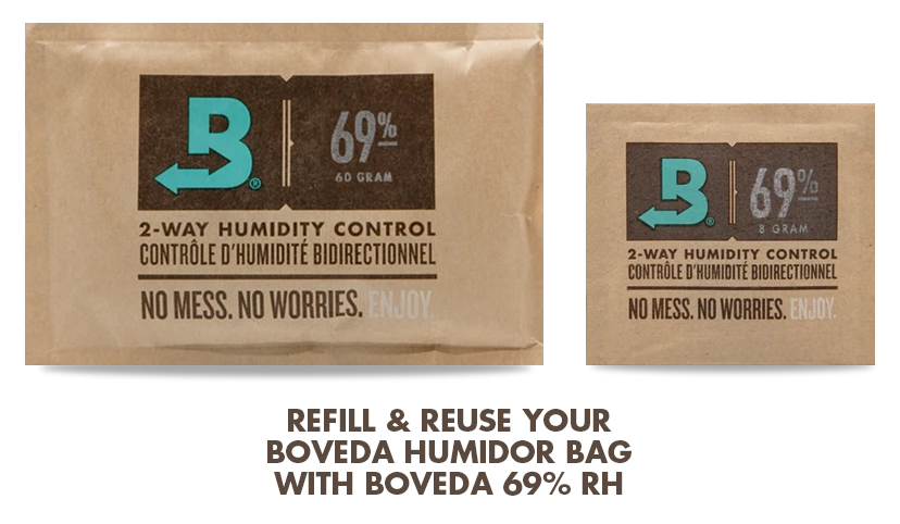 To refill Boveda Humidor Bags: Use Boveda 69% RH (Size 60 for large and medium Boveda Humidor Bags or Size 8 for small Boveda Humidor Bag