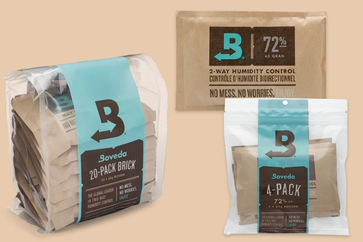 Assorted Boveda packs: Single, 4-pack, and 20-pack brick