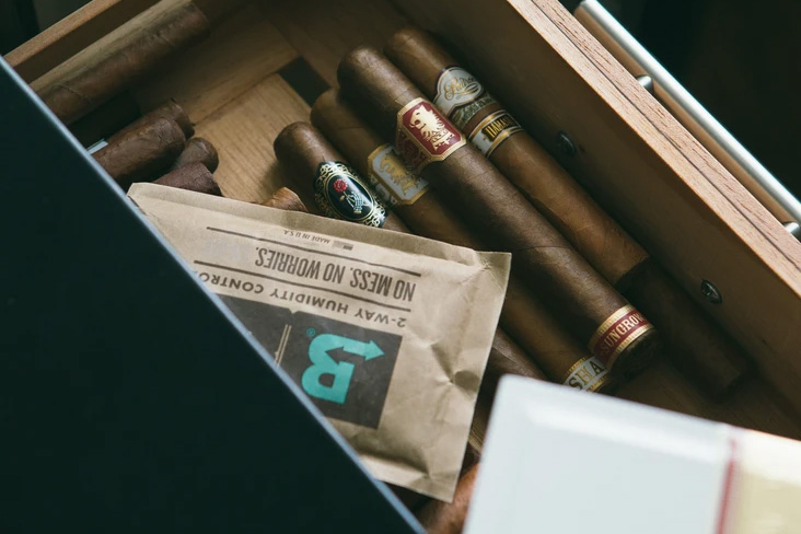 Boveda and cigars in a humidor