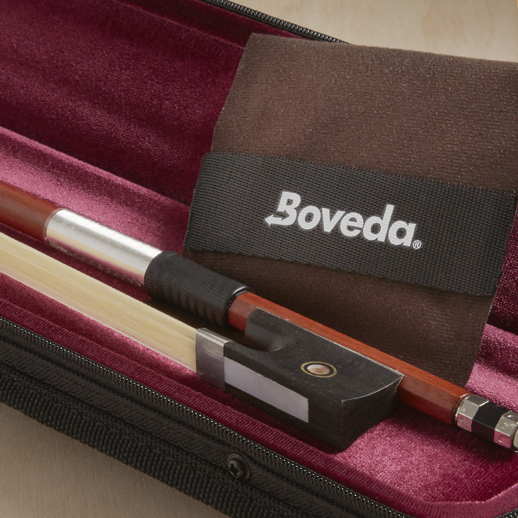 Boveda fabric holder placed inside bow case with bow