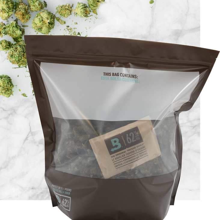 A long-term cannabis storage bag for 1 lb of flower that's preloaded with Boveda 62% RH.
