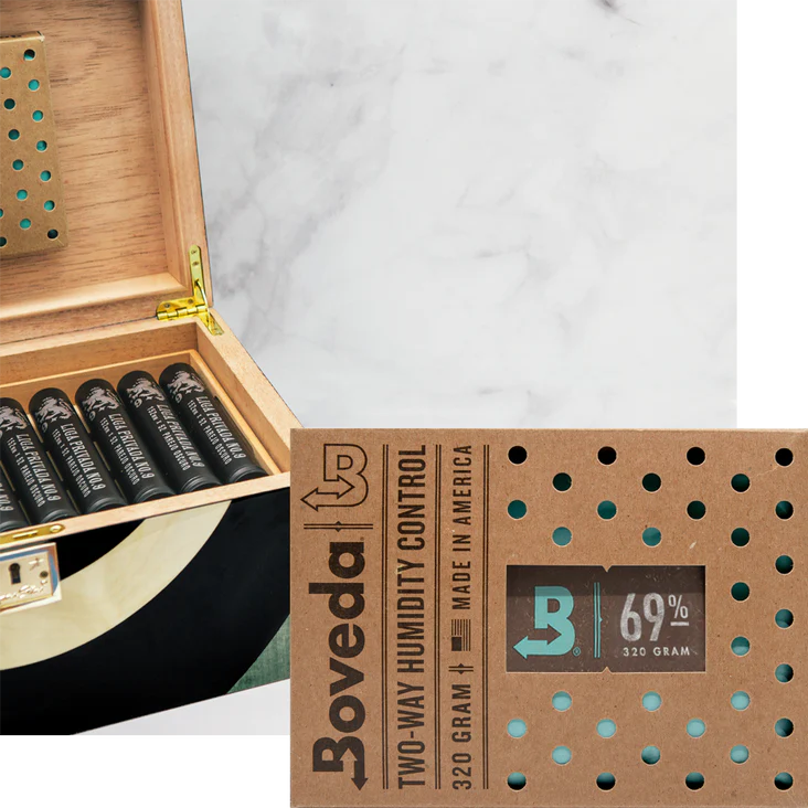 Boveda Size 320 for wineador cigar coolers. Picture of Humidor with cigars and size 320 69% pack