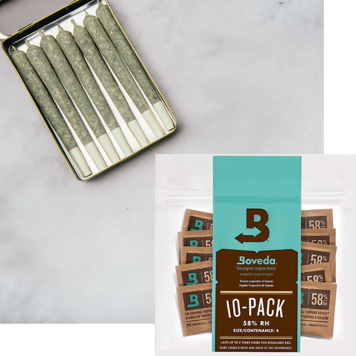Boveda 58% RH Size 4 10-Pack and cannabis joints in a case