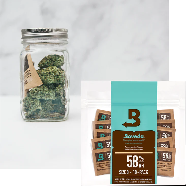 Boveda 58% RH Size 8 10-Pack and mason jar with cannabis flower and Boveda pack