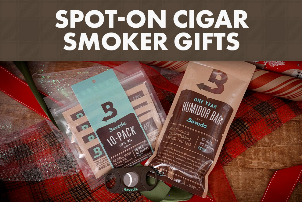 A 10 pack of 69% RH for cigars along with a small humidor bag and Boveda branded cigar cutter.