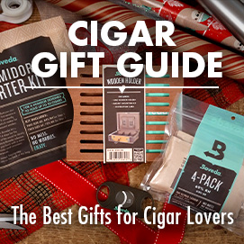 Cigar Gift Guide - the best gifts for cigar lovers. Humidor starter kit alongside a wooden Boveda holder and a 4 pack of 69% size 60 Boveda.