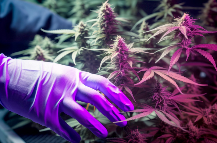Hands wearing gloves tending to cannabis plants that have flowering buds.