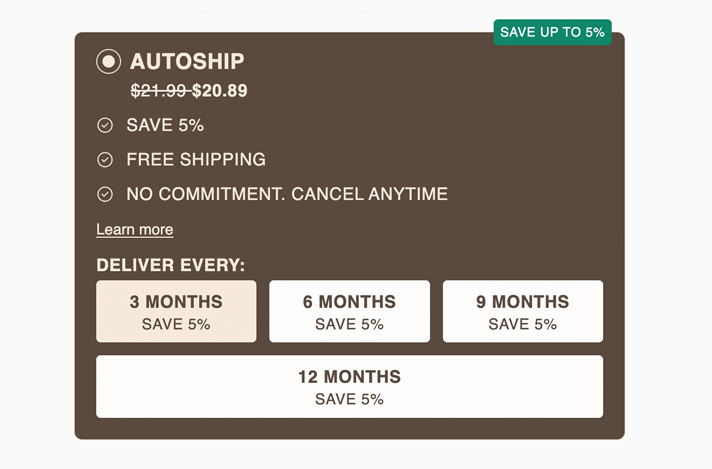 Chart of Boveda Subscription Autoship Program. Save 5% and enjoy free shipping and handling in the contiguous U.S. 