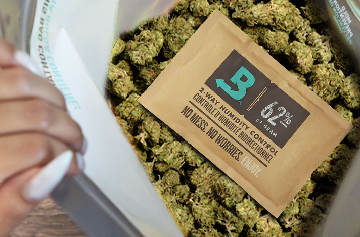 Cannabis in the Boveda 1LB bag with a 62% Size 67 Boveda pack.