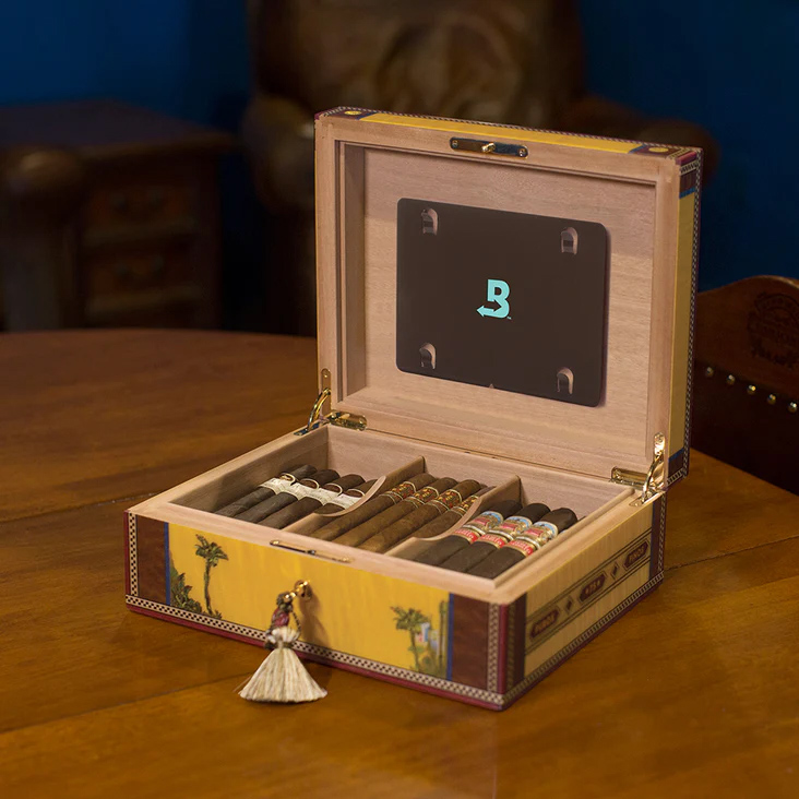 Boveda Mounting Plate inside a humidor full of cigars.