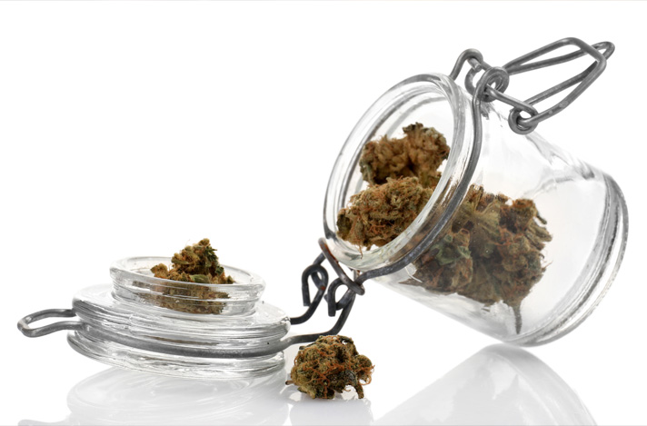 A glass jar full of dried out cannabis.
