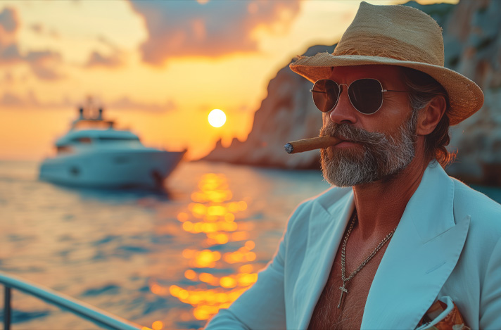 A man smoking a cigar on a boat at sunset.