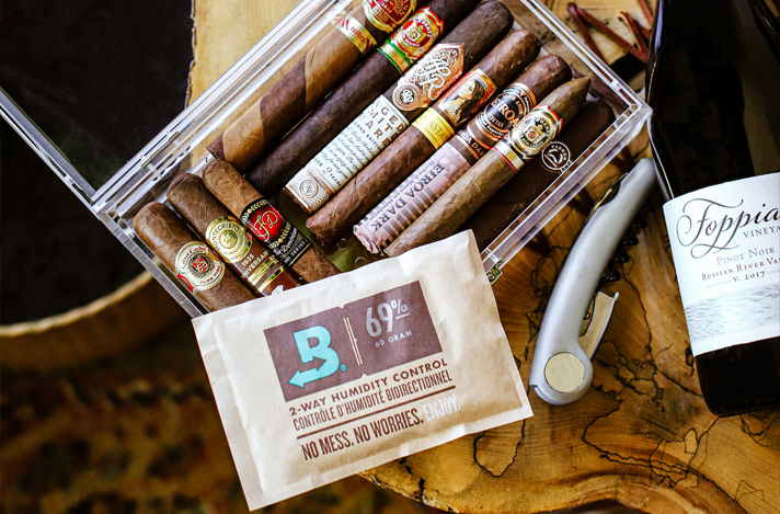 Cigars in a container with a Boveda size 60 69% RH.