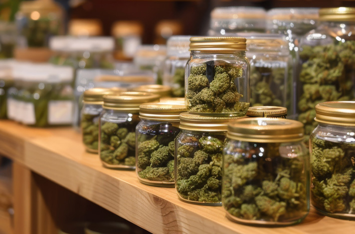 Jars of cannabis on a display table