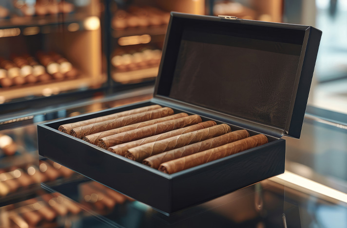 Cigars in a humidor at a cigar shop