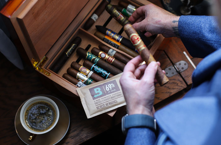 Cigars in a humidor with a Boveda 69% RH in it