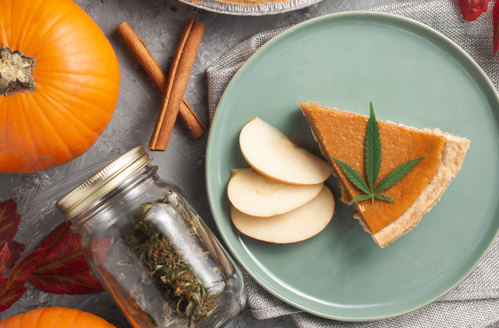 Cannabis leaf on top of pumpkin pie