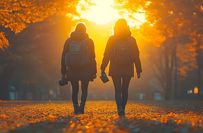 Two people walking down a road during the Fall