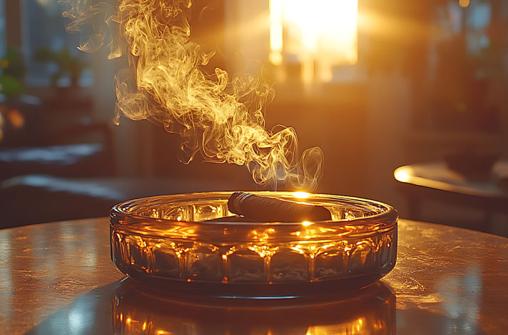 A lit cigar sitting in a luxury glass ashtray