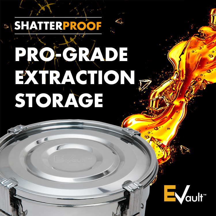 Evault Logo - Shatter Proof tagline - Image: 3L Evault with a golden cannabis extract splatter with glass shards mixed in