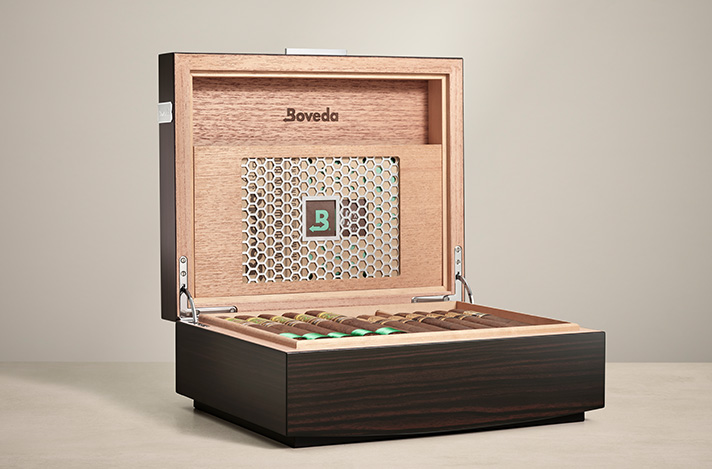 Boveda Humidor open with cigars in it